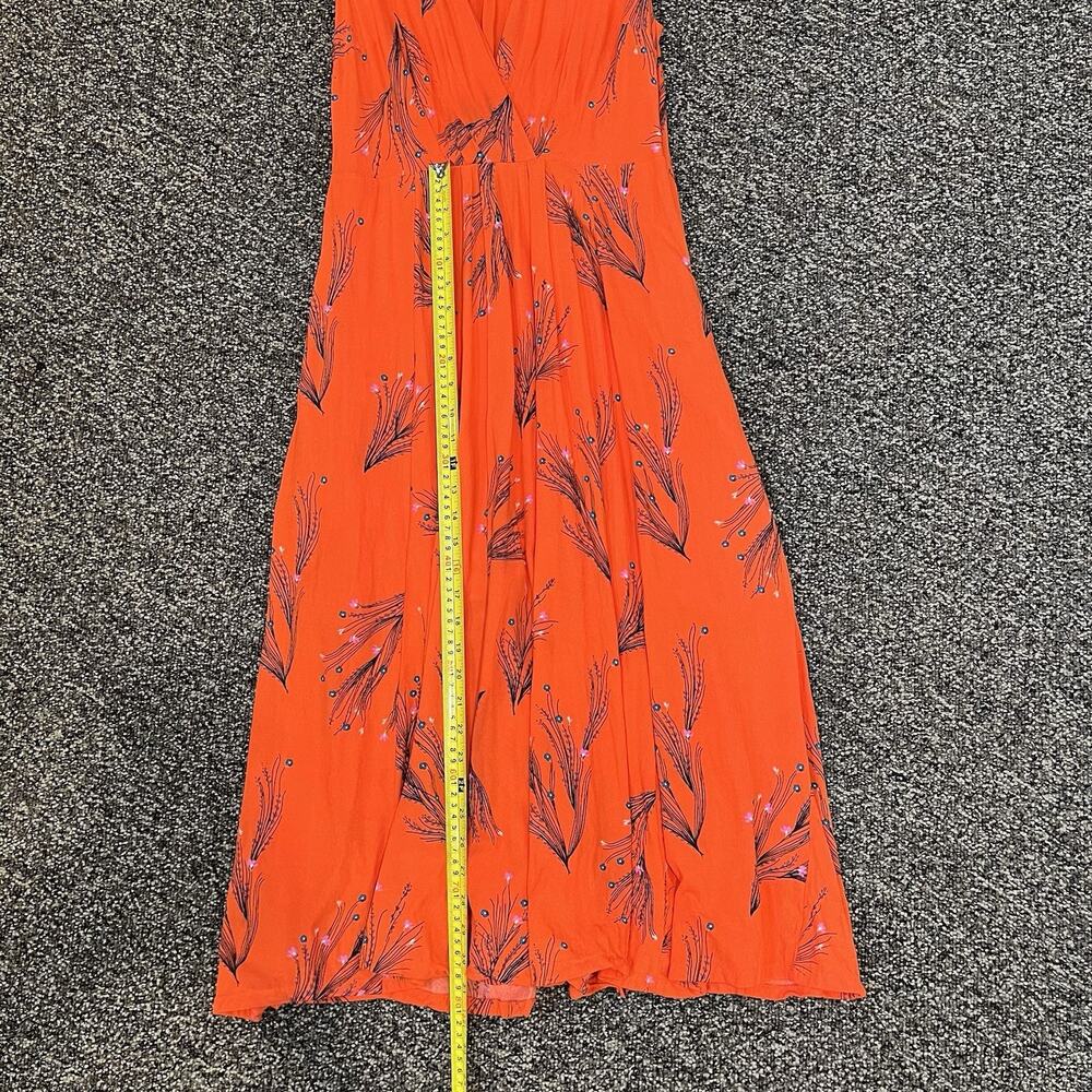 Free People Sz 10 Retro Coral Orange Floral Print Rayon Midi Dress Side Pockets - Picture 9 of 12